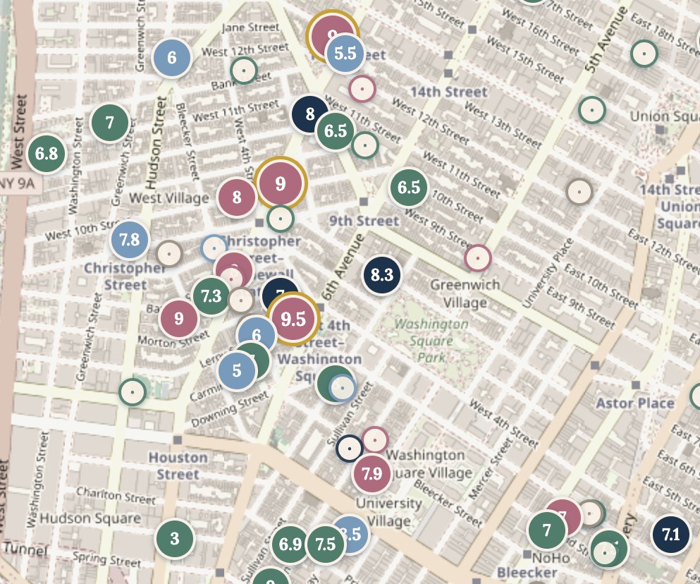 A slice of the members’ map — dozens of scored pins across Manhattan